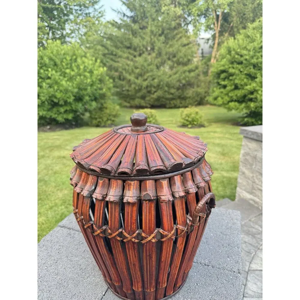 Large Asian Ikebana Bamboo Basket Lidded Woven Tortoise Floor Vase 17
